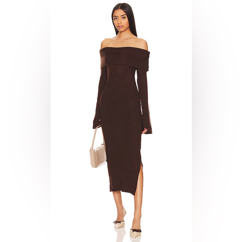 SNDYS Off Shoulder Sweater Dress in Chocolate